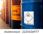 Label of toxicity, hazardous chemical warning symbol on the chemical barrel show caution for use. Industrial use and scientific research.