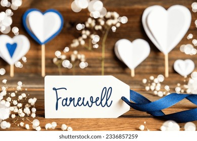 Label With White Decoration, Heart, Flower, Text Farewell