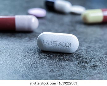 Labetalol Pill Drug Medication Used To Treat High Blood Pressure, Essential Hypertension, Hypertensive Emergencies And Hypertension In Pregnancy