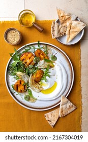 Labneh Middle Eastern Lebanese Cream Cheese Dip. Fennel Apricot Grilled Barbecue Salad With Labneh. Top View, Overhead