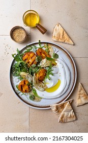 Labneh Middle Eastern Lebanese Cream Cheese Dip. Fennel Apricot Grilled Barbecue Salad With Labneh. Top View, Overhead