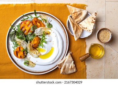 Labneh Middle Eastern Lebanese Cream Cheese Dip. Fennel Apricot Grilled Barbecue Salad With Labneh. Top View, Overhead