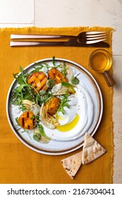 Labneh Middle Eastern Lebanese Cream Cheese Dip. Fennel Apricot Grilled Barbecue Salad With Labneh. Top View, Overhead