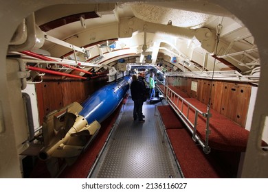 LABOE, GERMANY - AUGUST 30, 2014: People Visit A Historic German Submarine U-995 (museum Ship) In Laboe. It Is The Only Surviving Type VII Submarine In The World. It Was Launched In 1943.