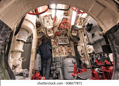 LABOE, GERMANY - AUGUST 30, 2014: People Visit German Submarine U-995 (museum Ship) In Laboe. It Is The Only Surviving Type VII Submarine In The World. It Was Launched In 1943.