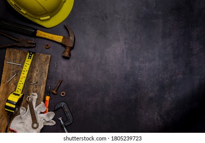 Labor Day Background And Federal Holiday. Independence And Memorial Day In America And USA. Engineer And Worker Tools With Copy Space For Text.