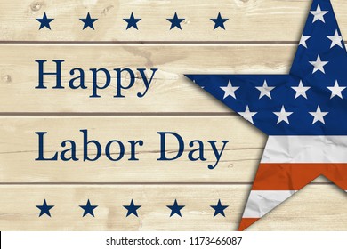Labor Day background, with text, blue stars  and patriotic star on wooden background. - Shutterstock ID 1173466087