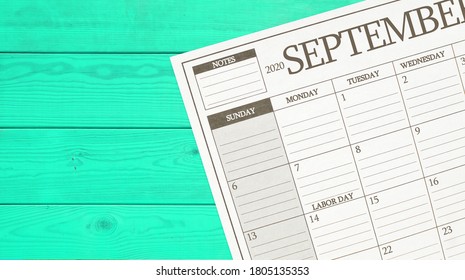 Labor Day September 2020 Calendar On Green Stained Wood Table