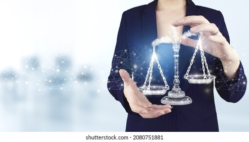 Labor Law Lawyer Legal Business. Two Hand Holding Virtual Holographic Labor Law Icon With Light Blurred Background. Justice Law, Attorney Scale Weight Court, Authority Concept