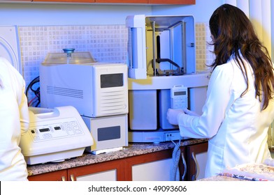 A laboratory assistant working at pathology. A series of laboratory related pictures.