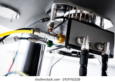 Laboratory Device For Scientific Experiments, Detail Of Input Of Liquid Nitrogen And Helium To The Magnet And Connectors To The Control Unit Of NMR Spectroscopy Device