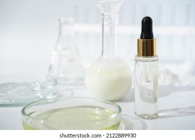 Laboratory Dishes And Glassware On A Lab Table. Fermentation, Fermented Beauty Skin Care. Dropper Bottle Of Solution Or Serum For Anti Age Treatment