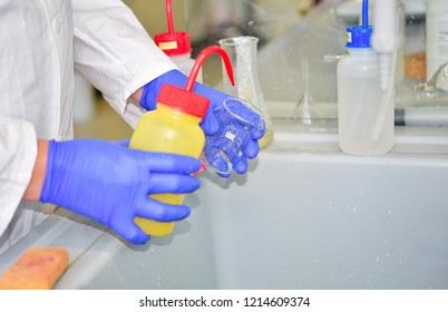 A laboratory employee washes a glass measuring cup with detergent in a sink for washing labware.