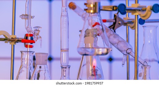 Laboratory Equipment In A Chemical Laboratory. Laboratory Setup For Chemical Synthesis Of Organic Matter