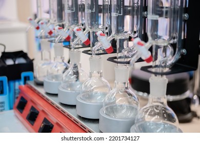 Laboratory Equipment - Empty Glass Flask On Heating Mantle In Row. Chemistry, Science, Pharmaceutical, Lab Equipment Concept