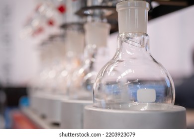 Laboratory Equipment - Empty Glass Flask On Heating Mantle In Row. Chemistry, Science, Pharmaceutical, Lab Equipment Concept