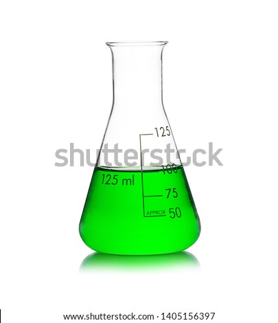 Laboratory equipment, Erlenmeyer Flask filled by green liquid with reflection isolated on white background.