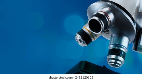 Laboratory Equipment - Optical Microscope. Microscope is used for conducting planned, research experiments, educational demonstrations in medical and health institutions, laboratories. Close up photo.