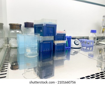 Laboratory Equipment Used In Cell Culture (pipette Tips With Filter, Microcentrifuge Tubes,  Vortex, Tube Racks, Bottle With Ethanol, Glass Beaker, Etc.) Placed Under The Laminar Flow Chamber.