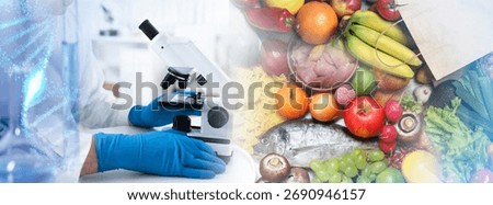 Laboratory food analysis. Expert using microscope, multiple exposure with different products and laboratory glassware