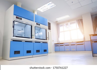 Laboratory fume hoods in chemistry classroom interior of university college for protect the user from inhaling toxic gases (fume hoods, biosafety cabinets, glove boxes).