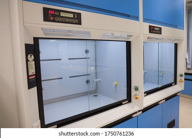 Laboratory fume hoods in science classroom interior of university college for protect the user from inhaling toxic gases (fume hoods, biosafety cabinets, glove boxes).