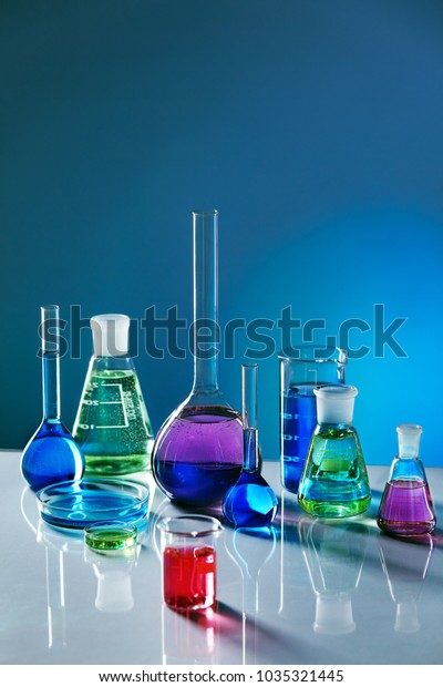 Laboratory Glass Colorful Liquid Close Laboratory Stock Photo ...