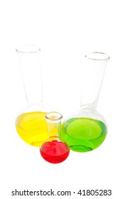 Laboratory Glass Containing Various Fluids From A Wide Angle Perspective.  Shot On White Background.