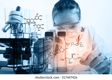 Laboratory Glassware Containing Chemical Liquid, Science Research,Double Exposure Of Scientist And Test Tubes, Laboratory Concept