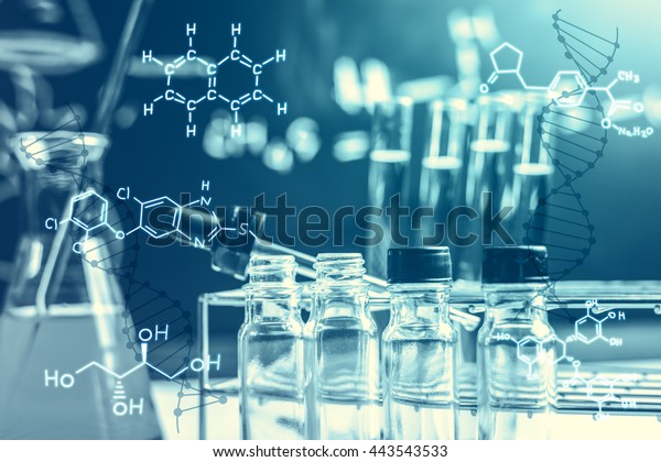 含化学液体的实验室玻璃器皿 科学研究 科学背景库存照片 立即编辑