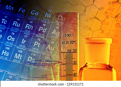 Laboratory Glassware And Periodic Table Of Elements. Science Concept.