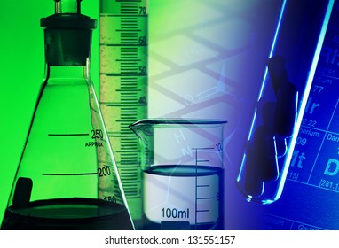 Laboratory glassware and pills in test tube over blue background