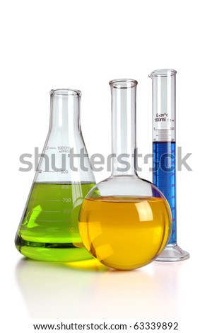 Laboratory glassware with reflections on table isolated over white background - With clipping path on glass