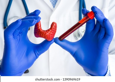 Laboratory medical diagnostics, tests and hormones for thyroid gland concept photo. Doctor or laboratory technician holds in one hand laboratory test tube with blood, in other hand - figure of thyroid