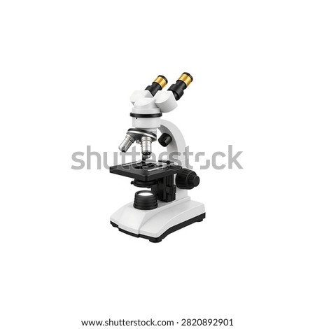 Laboratory microscope with mechanical stage, eyepiece, and objective lenses on white background