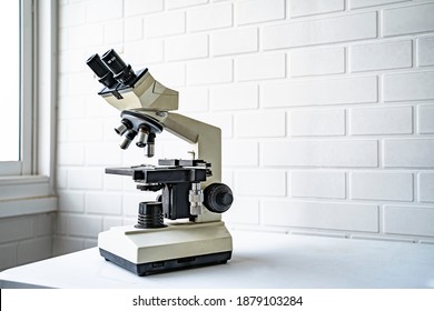 Laboratory Microscope Stage And Objectives Researching Corona Virus Microscopic Cells Behavior Testing Vaccination Cure, In Medical Center Lab China Wuhan World Health Organization Research Facilities