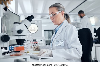 Laboratory, Microscope And Woman Typing On Computer For Medical Data, Petri Dish Test Results Or Healthcare Cancer Research. Mature Scientist, Worker Or Dna Science Engineer In Sweden With Technology