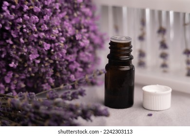 In laboratory, natural organic extraction and lavender flower herb aroma essence in test tube. Research and develop project medicine for health and beauty care. Copy space - Shutterstock ID 2242303113