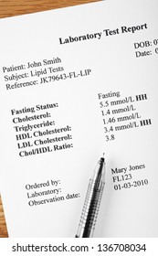 Laboratory Report Of Cholesterol Test. Names And Reference Numbers Are Fictitious.