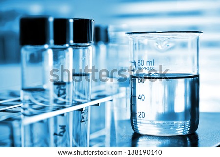 Laboratory research, chemical liquid in laboratory glassware