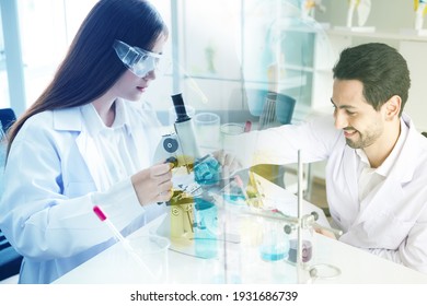 Laboratory Research And Development Concept By Scientists With Lab Glassware, Double Exposure Effect, Experimental Chemical And Drug