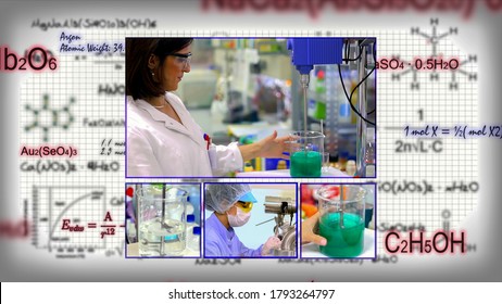 Laboratory Research - Scientific Background Photo Collage. Collage of Photographs Showing Researchers Working in a Laboratory Over Background with Chemical Formulas. Laboratory Testing.