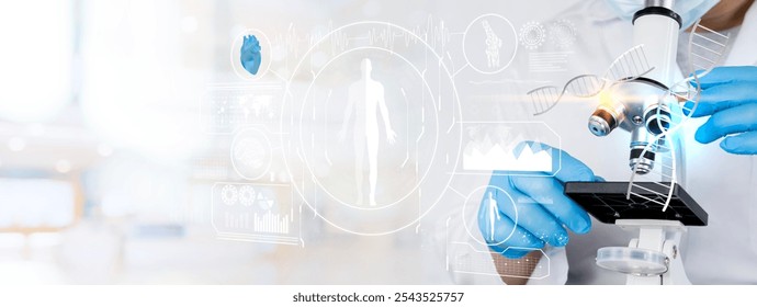 Laboratory research, scientist using microscope to checking gene or DNA for develop vaccine or pharmaceutical product. Double exposure microscope and scientist examining liquid sample in a test tube - Powered by Shutterstock