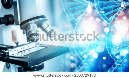 Laboratory research, scientist using microscope to checking gene or DNA for develop vaccine or pharmaceutical product	