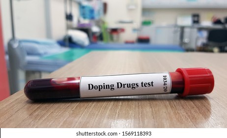 Laboratory Sample Of Blood For Doping Drugs Test. Doping Is The Used Of Banned Athletic Performance Enhancing Drug By Athlete In Competitive Sport. Medical Test In Sport Medicine Concept.