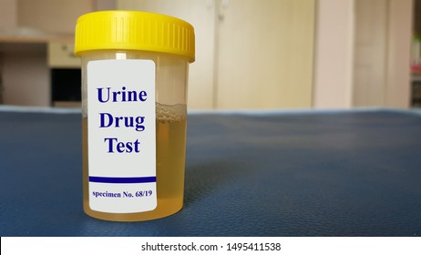 Laboratory Sample Of Urine For Drugs Or Substance Test.  Drug Test Is Technical Analysis Of Specimen To Determine Illegal Drug Abuse As Cannabis, Cocaine, Methamphetamine, Heroin And Alcohol Level.