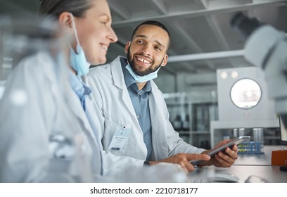 Laboratory, Science And Tablet With People Happy Working Together Online. Scientists, Smile And Research In Discussion With Digital Tech In Hand At Work In Lab Happy With Results, Test Or Data