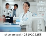 Laboratory, scientist or woman in portrait with arms crossed for science, medical expert and microbiology study. Career, female biologist or doctor with confidence for experiment, research and happy