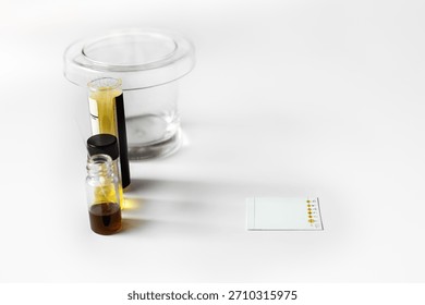 A laboratory setup for Thin Layer Chromatography (TLC) featuring a developing tank, sample solution vials, capillary tubes, and TLC plate with spotted sample ready for analysis.