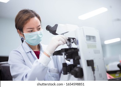 Laboratory Technician Look At The Microscope  In Medical Laboratory